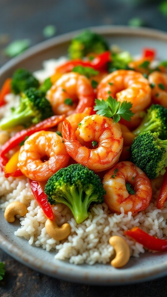 A colorful shrimp stir-fry with broccoli and cashews served over rice.