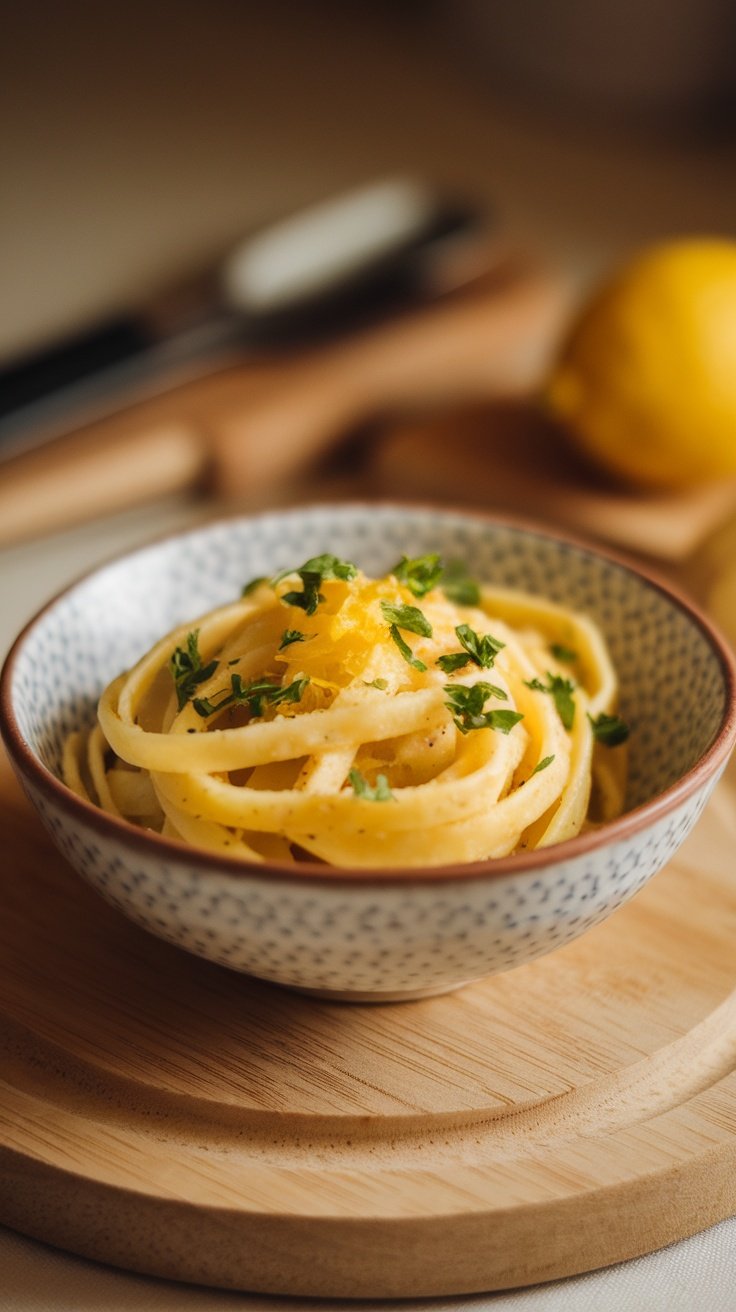 A bowl of Simple Lemon Butter Pasta garnished with lemon zest and parsley.