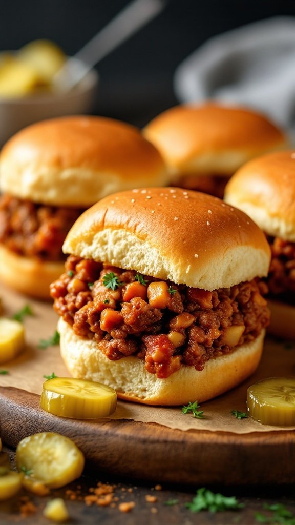 Sloppy Joes served on slider buns with pickles.