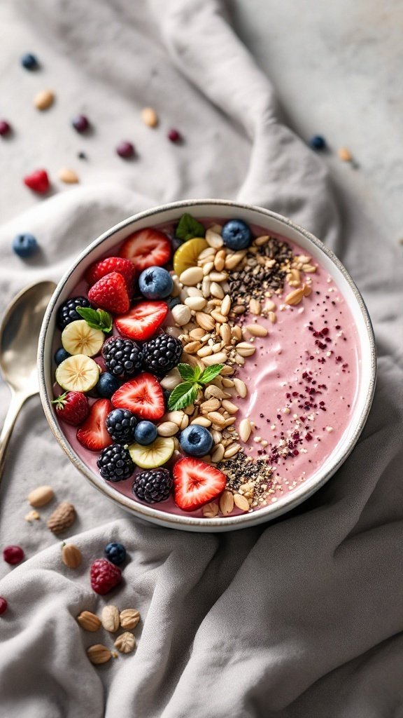 A smoothie bowl topped with fresh fruits, granola, and seeds.