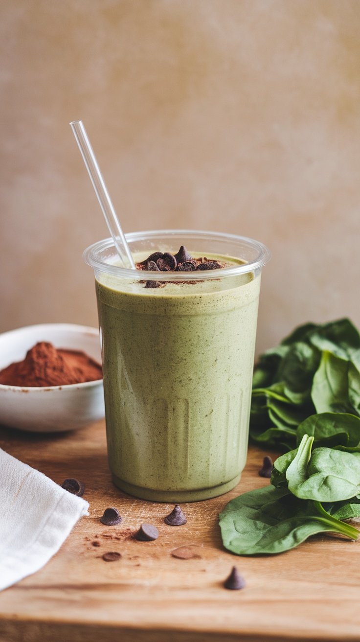 Smoothie de chocolate y espinacas en un vaso con decoración de chispas de chocolate.