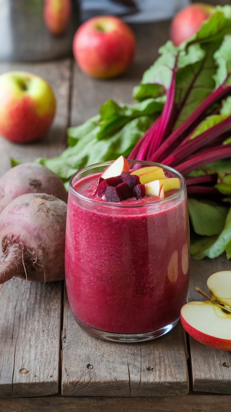 Smoothie de remolacha y manzana en un vaso con trozos de fruta sobre la superficie.