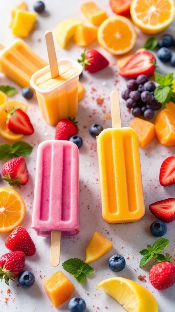 Colorful smoothie popsicles surrounded by fresh fruit