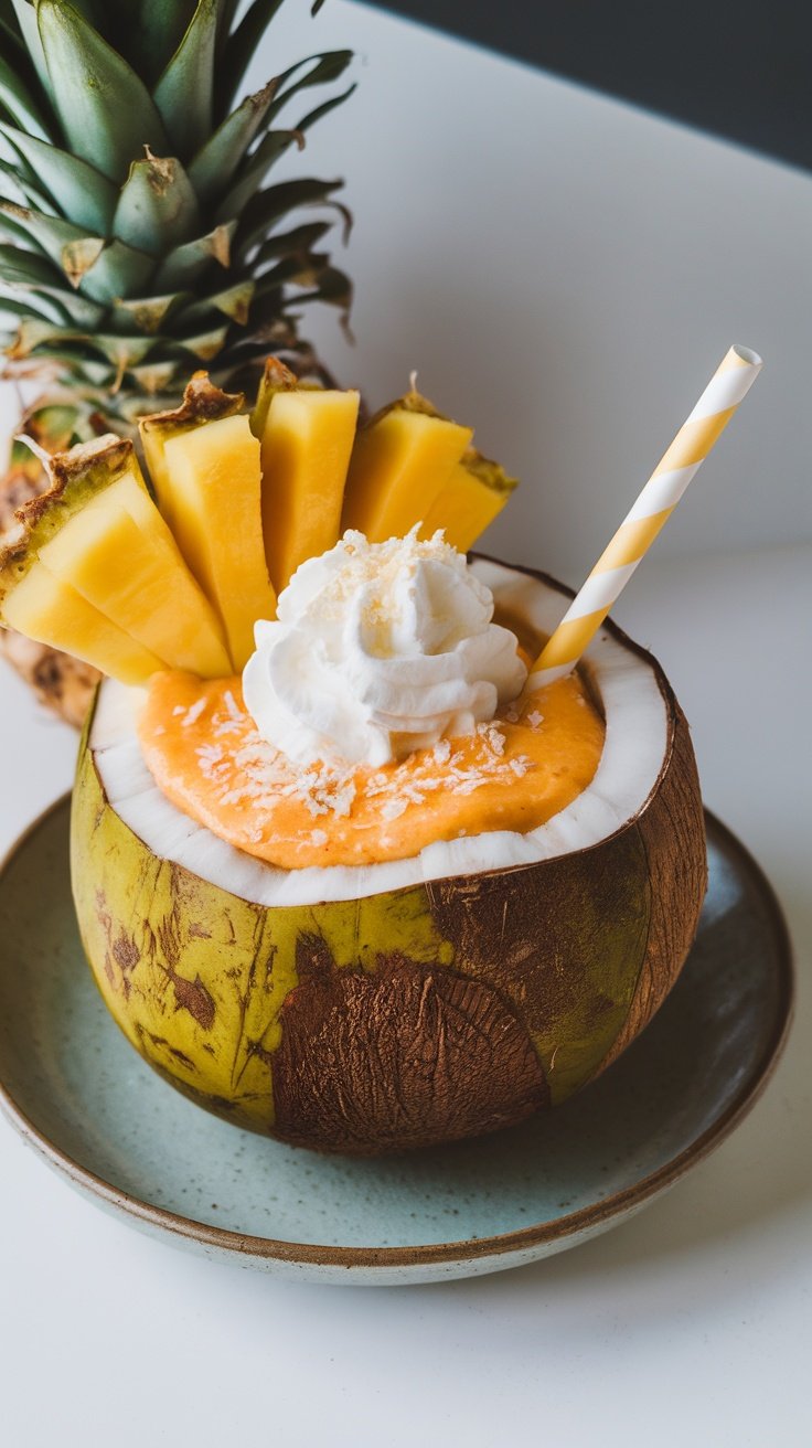 Smoothie tropical servido en un coco con frutas y crema batida.