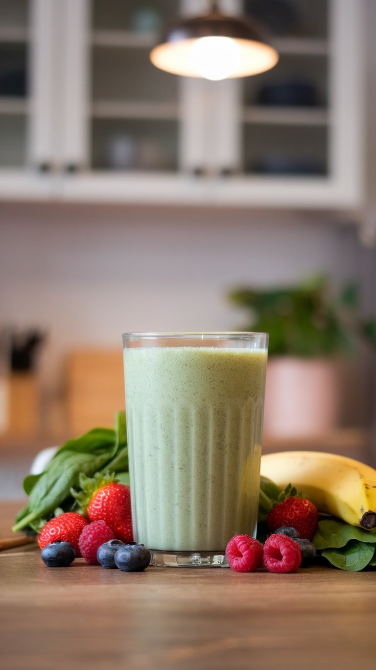 A glass of green smoothie with fruits and spinach on a wooden table.