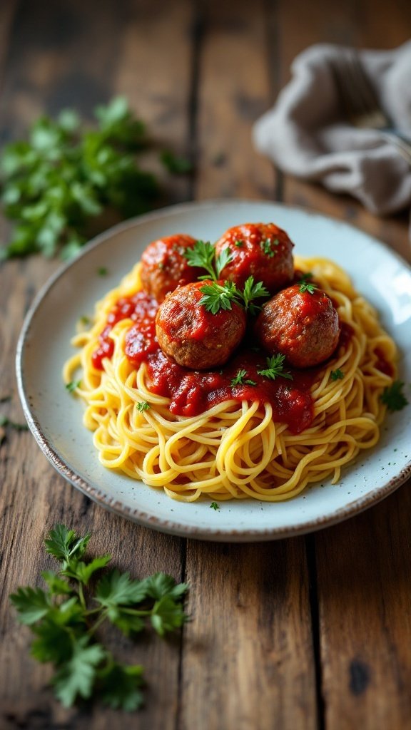 A plate of spaghetti squash topped with marinara sauce and meatballs, garnished with parsley.