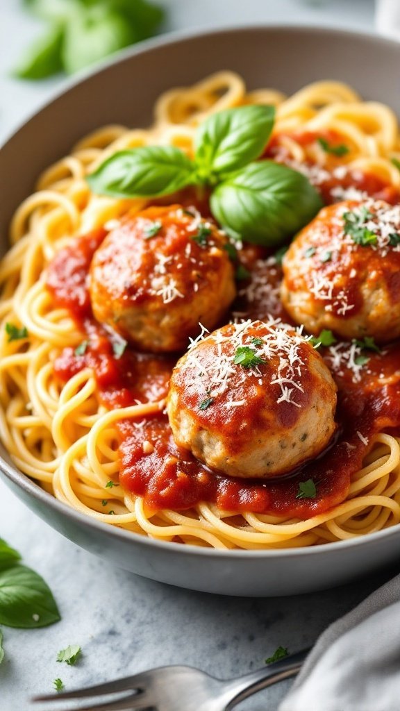 Spaghetti with turkey meatballs in marinara sauce garnished with basil