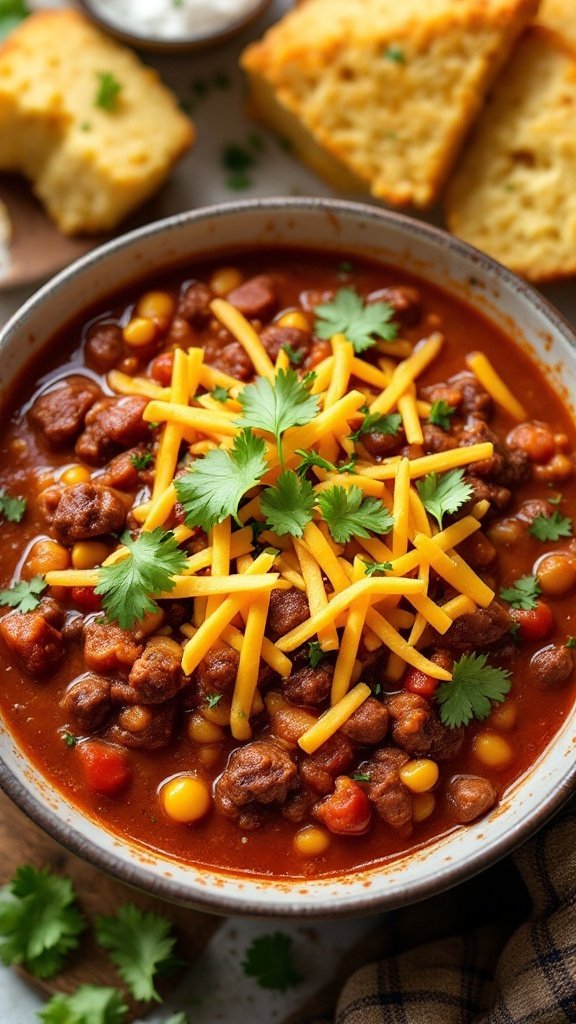 A bowl of hearty beef chili with beans topped with cheese and cilantro.