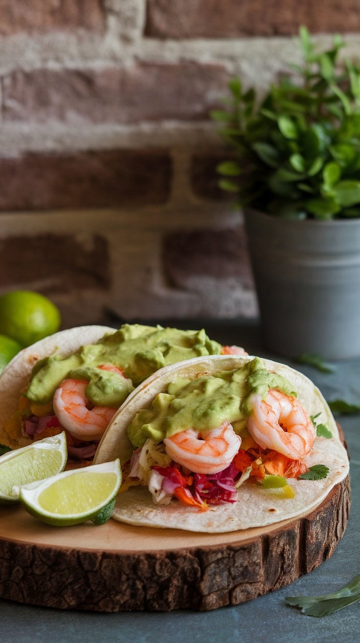 Speedy shrimp tacos with avocado sauce served with lime.