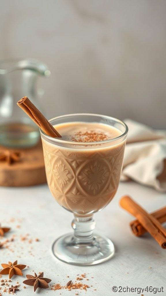 A delicious Spicy Chai Protein Smoothie in a glass, garnished with a cinnamon stick.