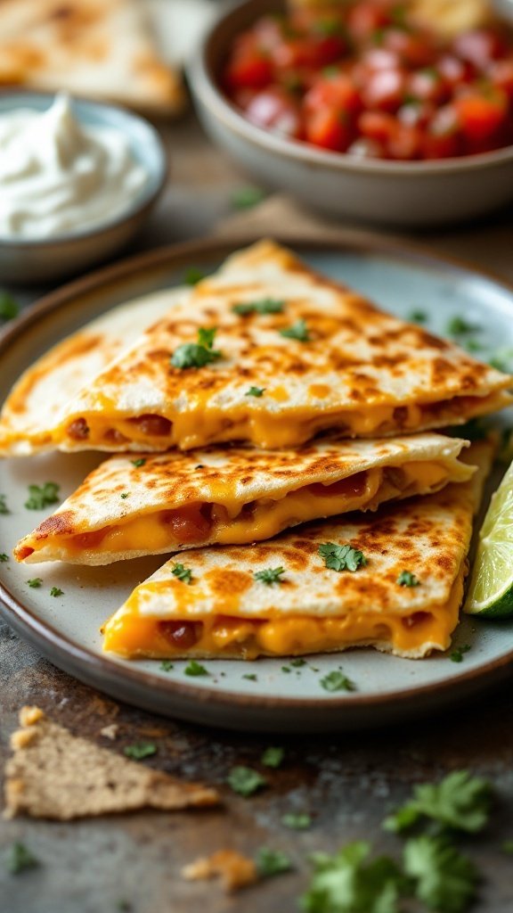 Deliciously crispy spicy cheese quesadillas garnished with cilantro