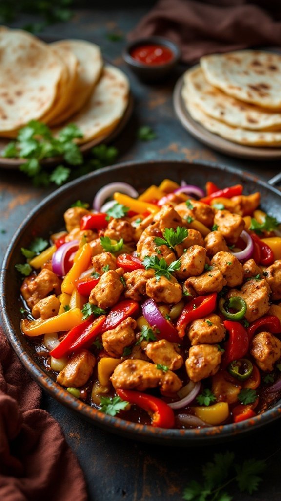 A vibrant dish of spicy chicken fajitas with bell peppers and onions served with tortillas.