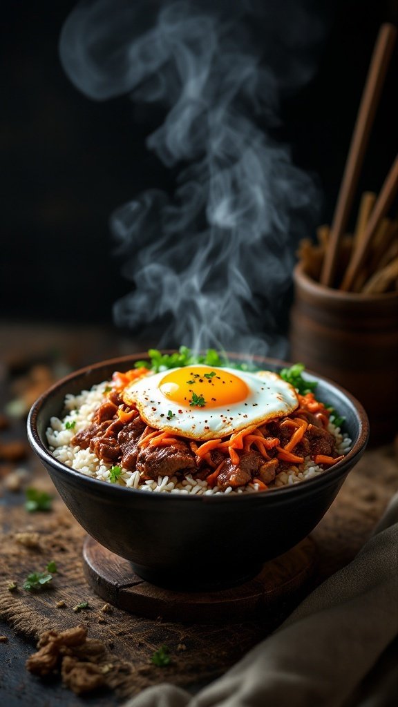 A bowl of Spicy Korean Beef with a fried egg and vegetables