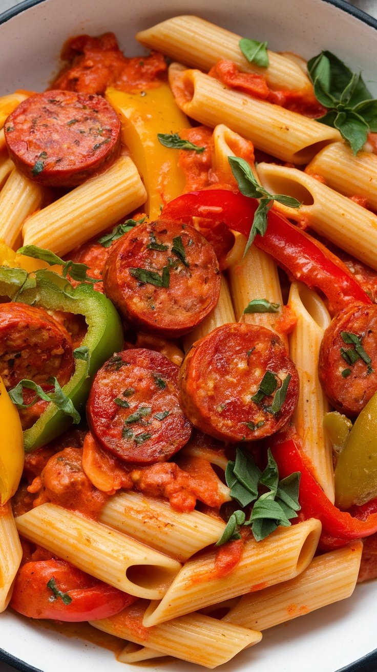 A colorful dish of penne pasta with spicy sausage and bell peppers.