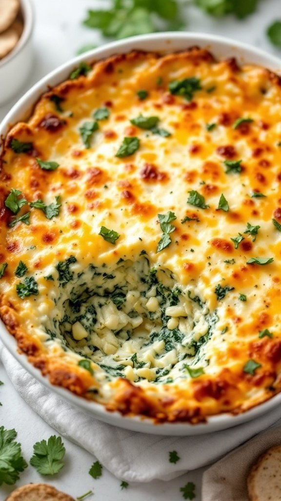 A creamy spinach and artichoke dip casserole, golden brown on top, garnished with fresh herbs.