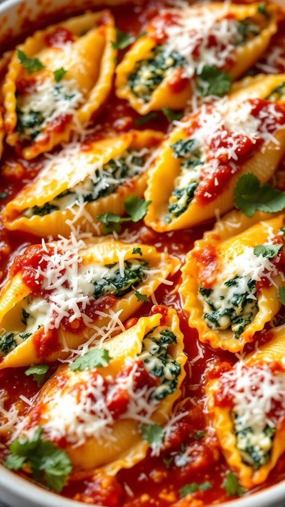 Spinach and cheese stuffed pasta shells in a red marinara sauce