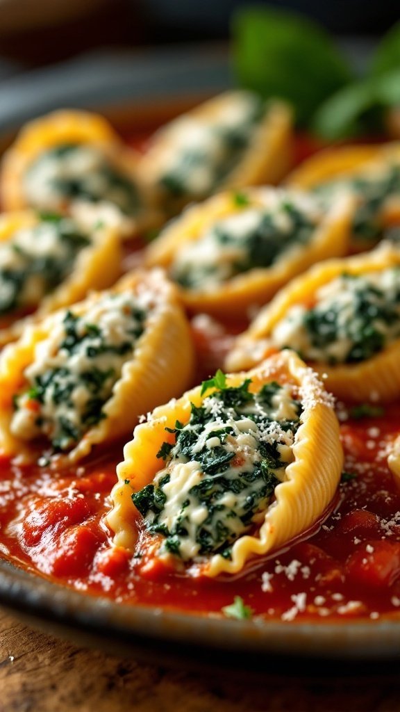 Delicious spinach and cheese stuffed shells in tomato sauce