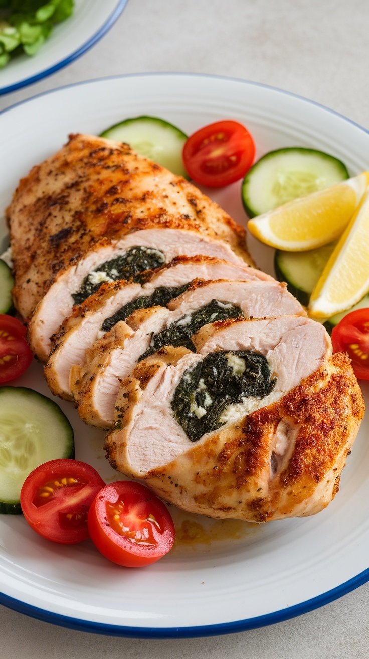 Spinach and Feta Stuffed Chicken served with tomatoes and cucumbers