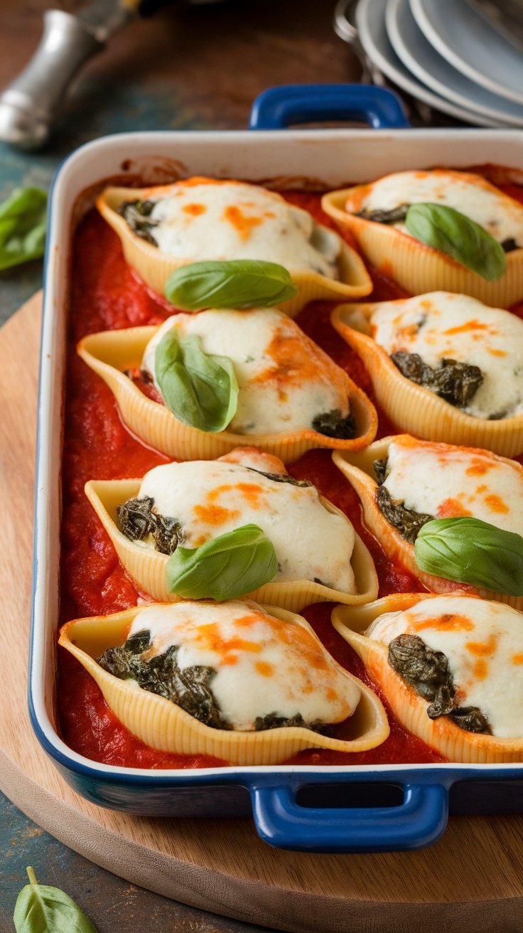 A dish of Spinach and Ricotta Stuffed Shells topped with tomato sauce and fresh basil.