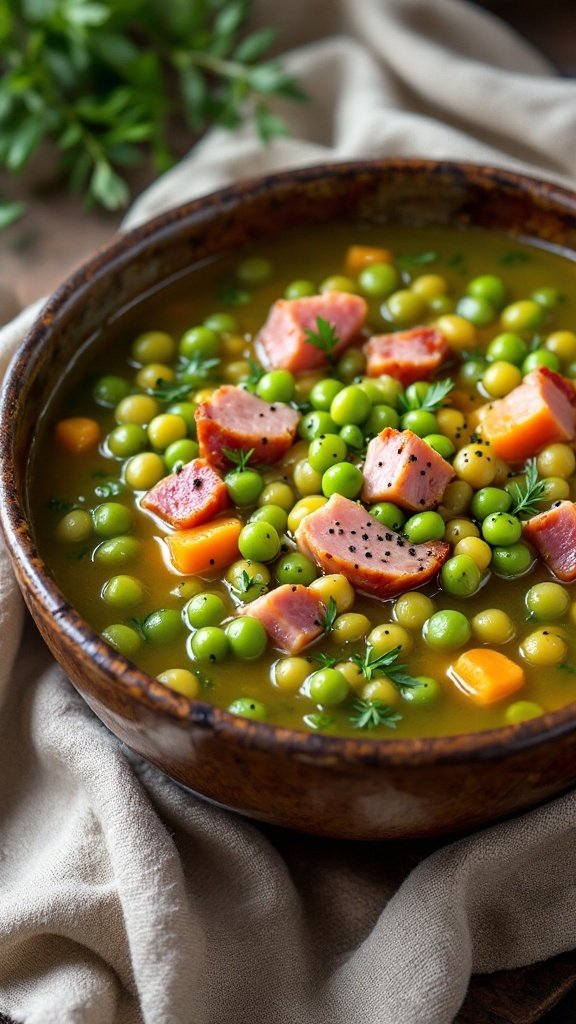 A bowl of green split pea soup with chunks of ham and vegetables.