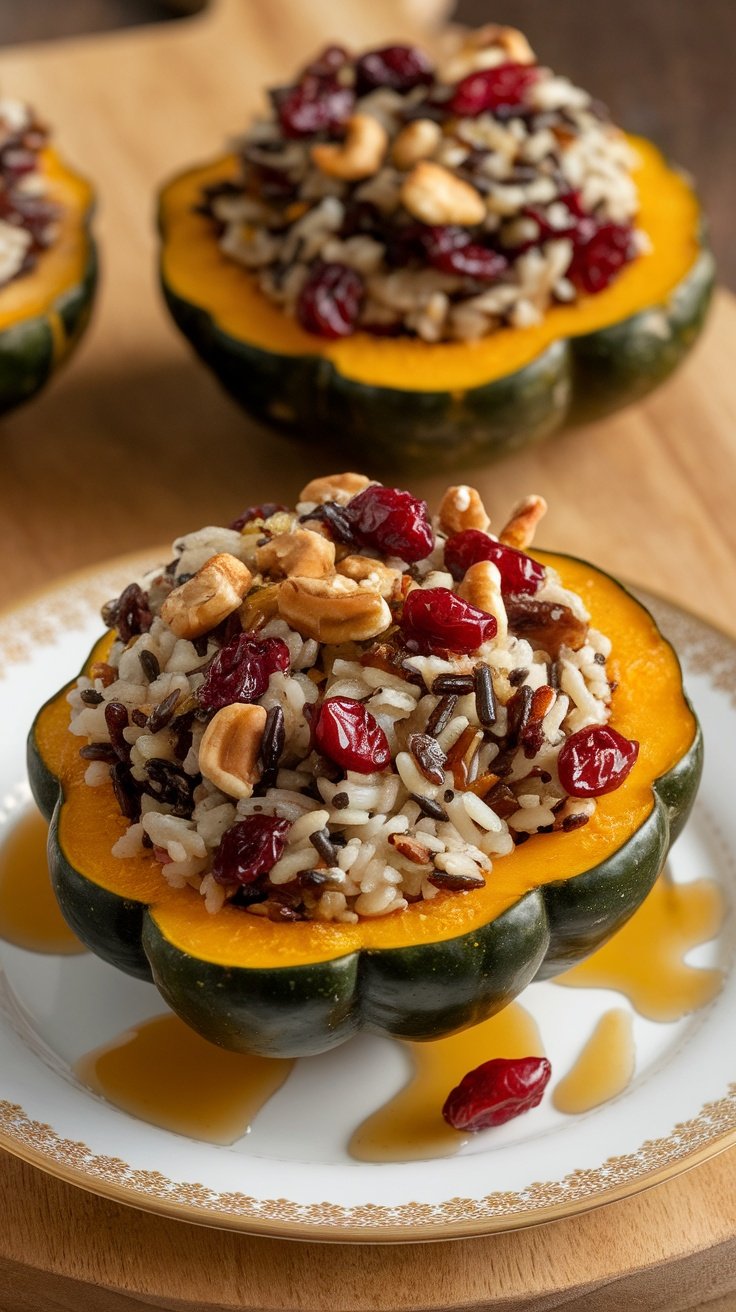 A delicious serving of stuffed acorn squash filled with wild rice, nuts, and cranberries, resting on a decorative plate.