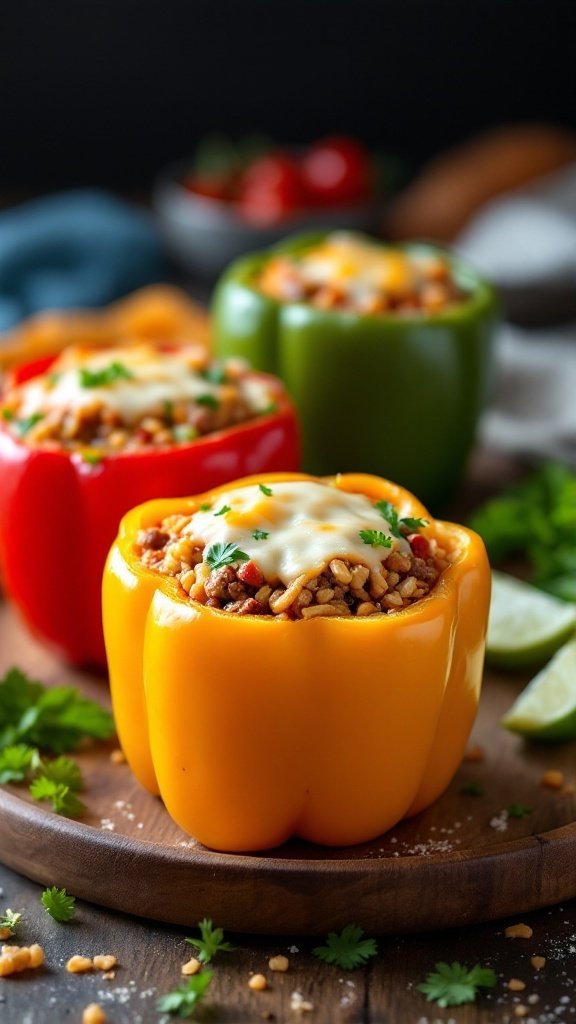 Colorful stuffed bell peppers filled with rice and meat, topped with cheese.