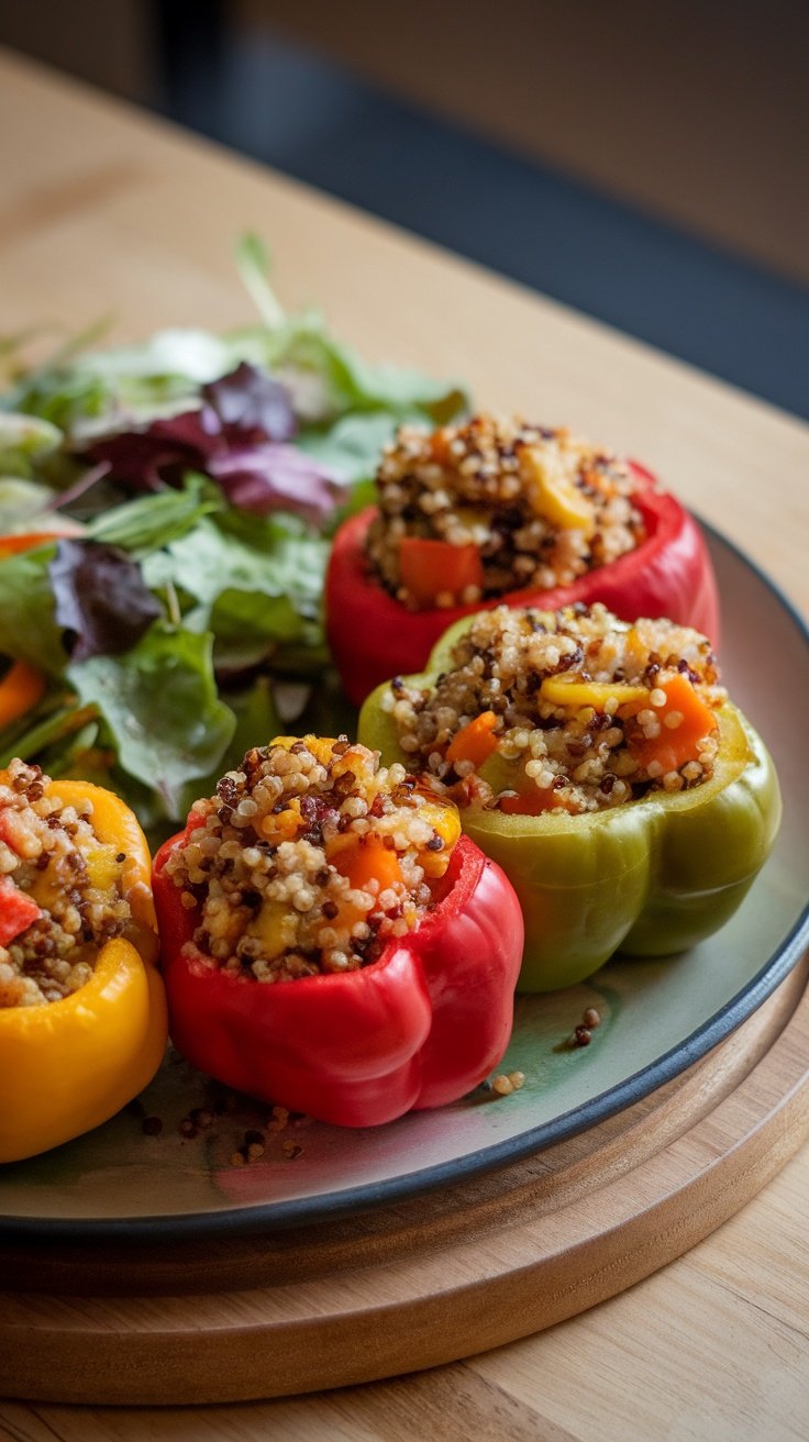 Colorful stuffed bell peppers filled with quinoa, beans, and corn on a plate.