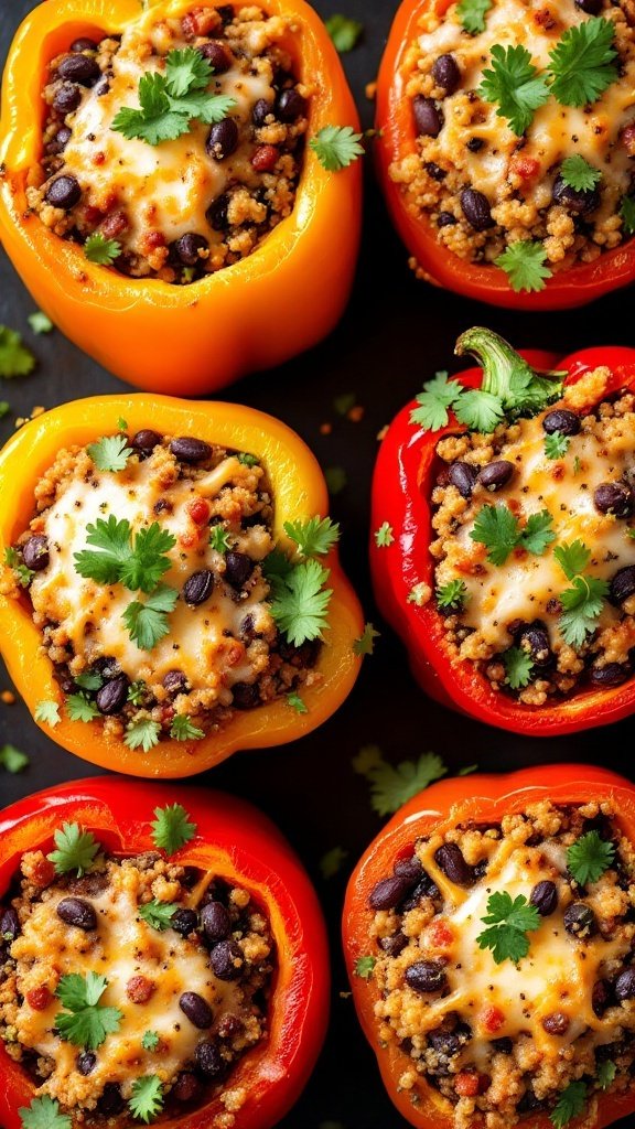 Stuffed bell peppers filled with quinoa, black beans, and topped with cheese and cilantro.