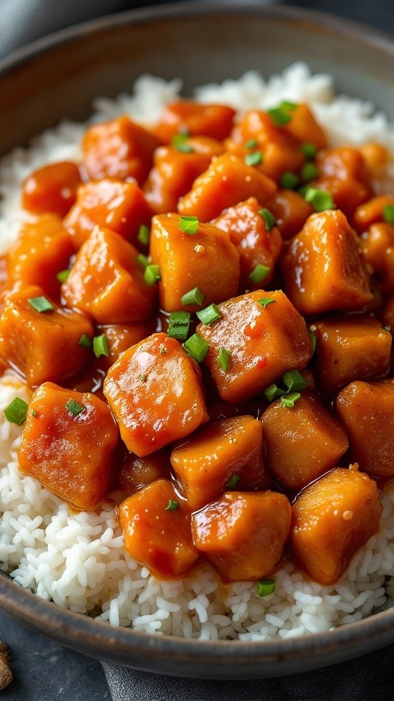 Bowl of sweet and sour pork over rice with green onions on top