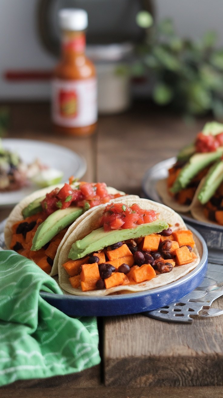 Sweet potato and black bean tacos topped with avocado and salsa