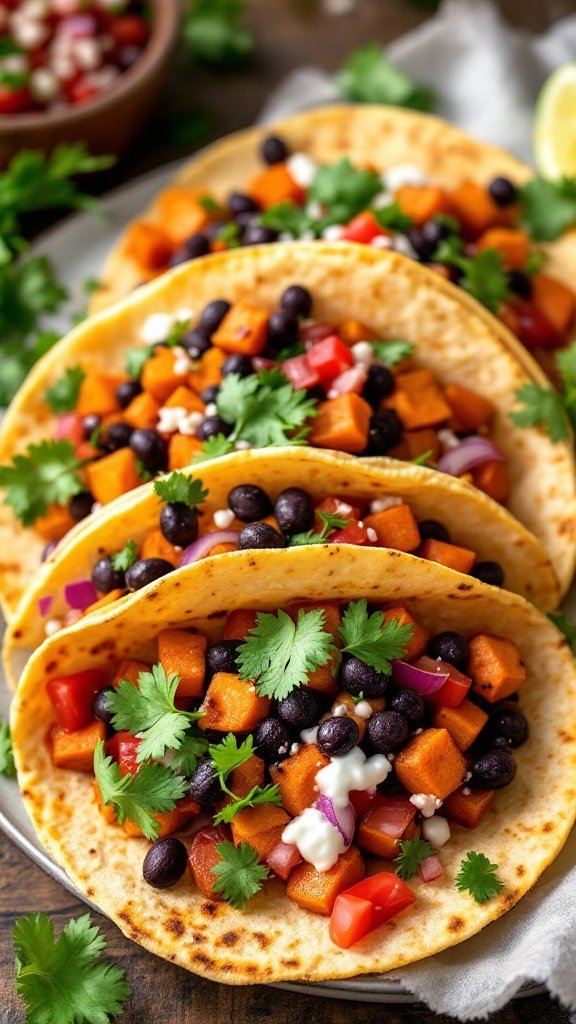 Delicious sweet potato and black bean tacos topped with fresh cilantro and tomatoes