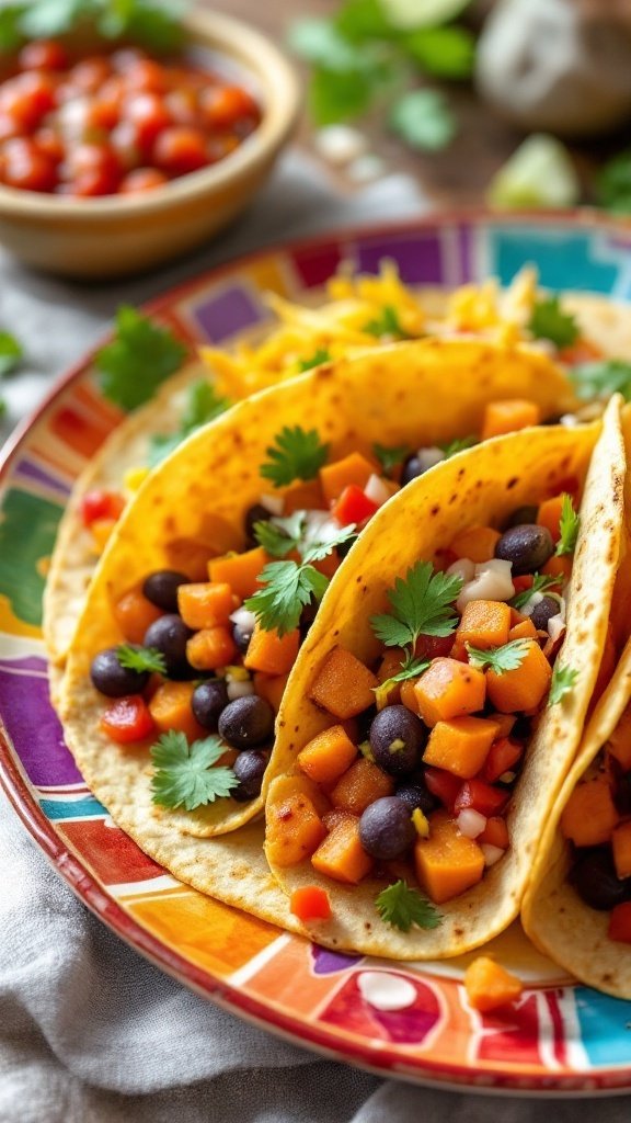Taco platter with sweet potato and black bean filling, garnished with cilantro and served on colorful plates.