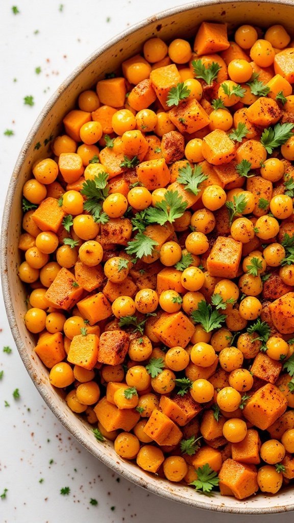 A colorful Sweet Potato and Chickpea Bake dish, showcasing diced sweet potatoes and chickpeas garnished with fresh herbs.