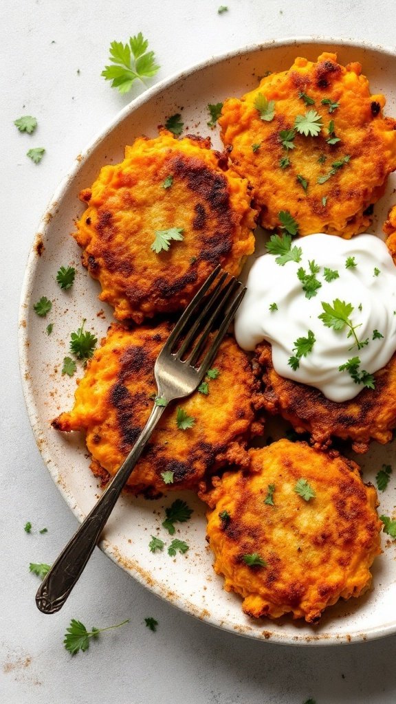 Delicious sweet potato fritters garnished with cilantro and served with yogurt