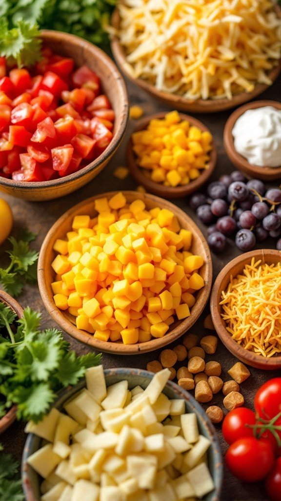 A taco bar setup with various kid-friendly toppings including diced tomatoes, mango, cheese, lettuce, and more.