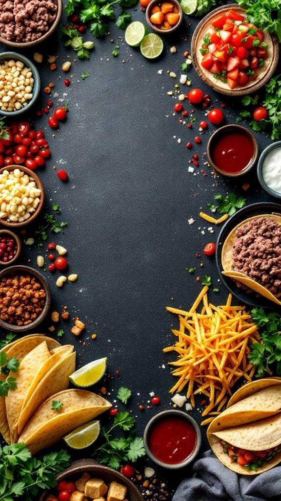 A colorful spread of taco ingredients including shells, toppings, and various fillings.