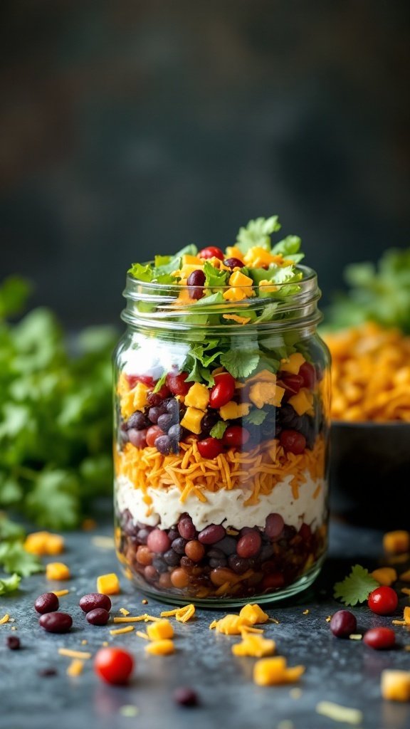 A colorful taco salad jar with layers of beans, cheese, tomatoes, and greens.