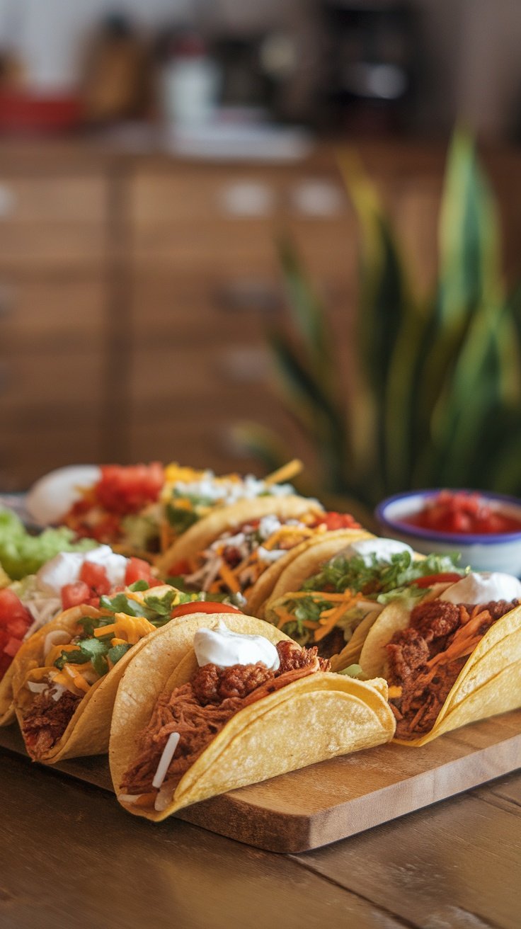 A close-up of a platter with various tacos filled with meat and fresh toppings.