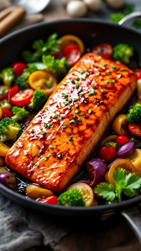 A delicious plate of teriyaki salmon with colorful vegetables, showcasing a healthy and vibrant meal.