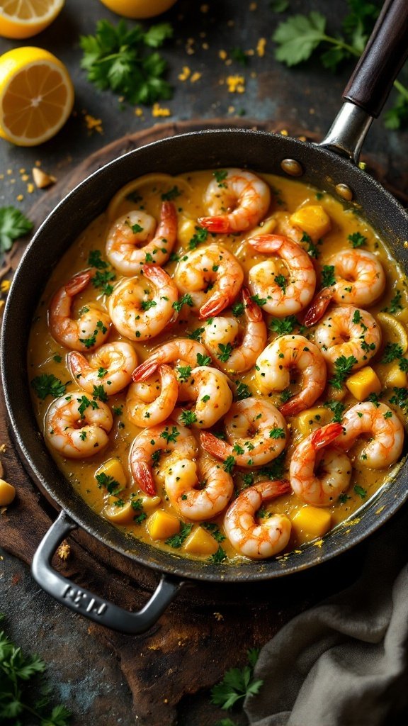 A skillet filled with shrimp scampi garnished with parsley and lemon slices.