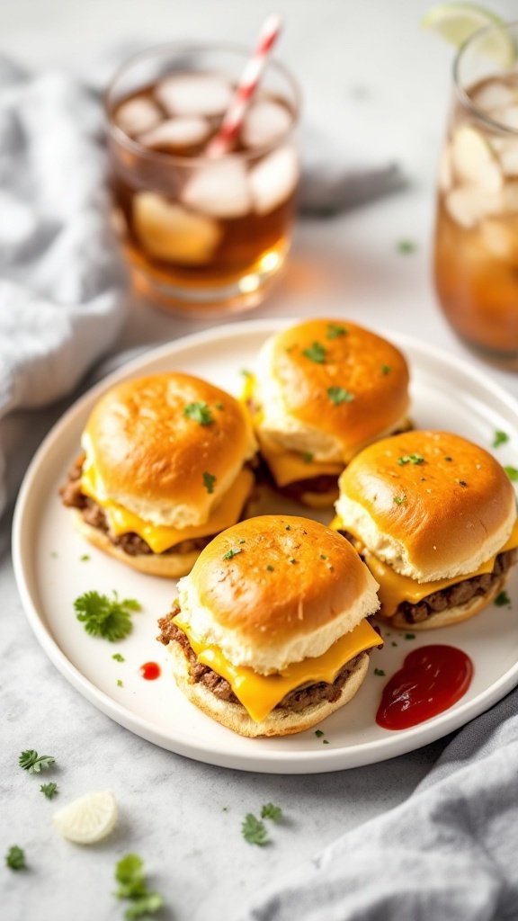 A plate of turkey burger sliders with cheese and ketchup