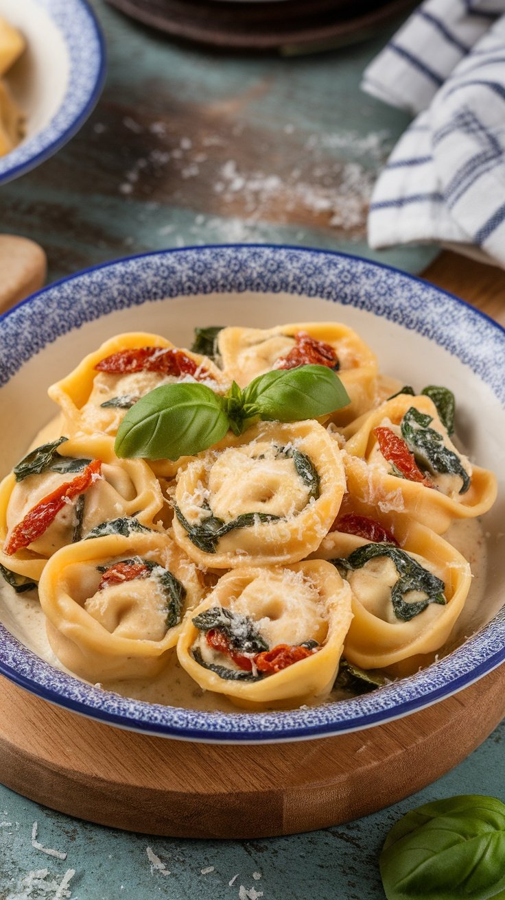 A delicious bowl of tortellini pasta with spinach and sun-dried tomatoes