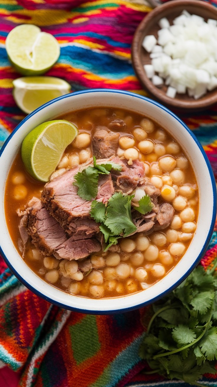 A bowl of traditional pork posole with garnishes of lime and cilantro, set on a colorful blanket.