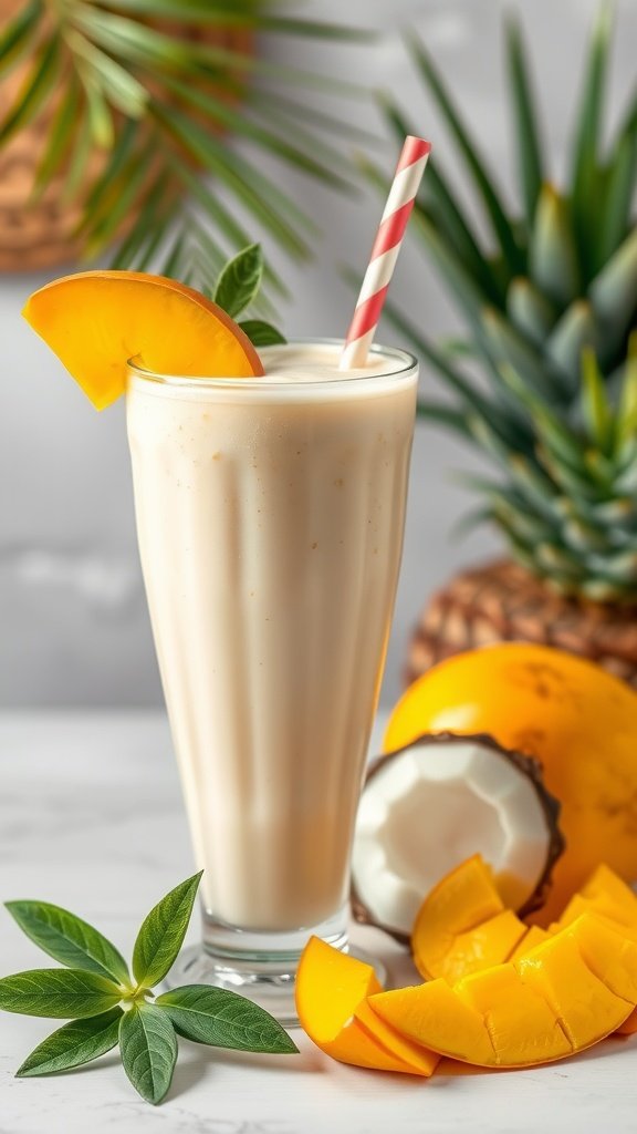 A refreshing tropical mango coconut protein shake in a glass with a straw, garnished with a slice of mango and mint leaves.