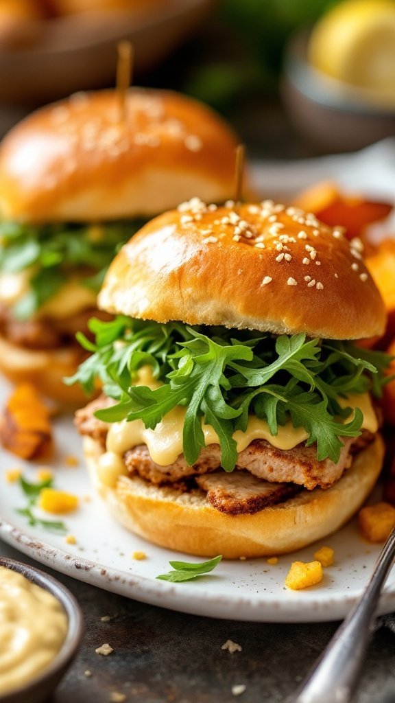 Turkey burger sliders with arugula and sauce on a plate