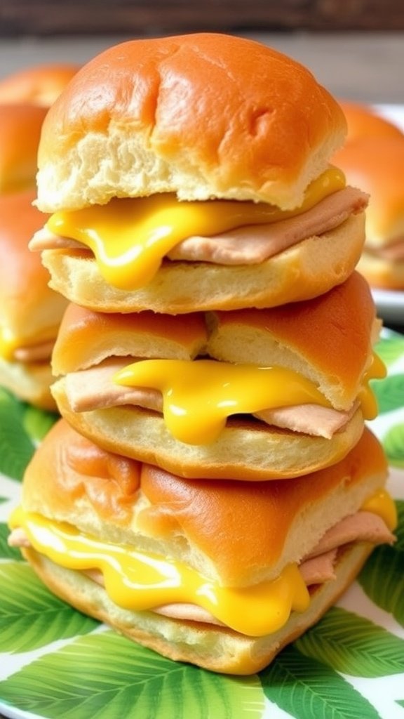 A plate of turkey sliders with melted cheese on Hawaiian rolls.