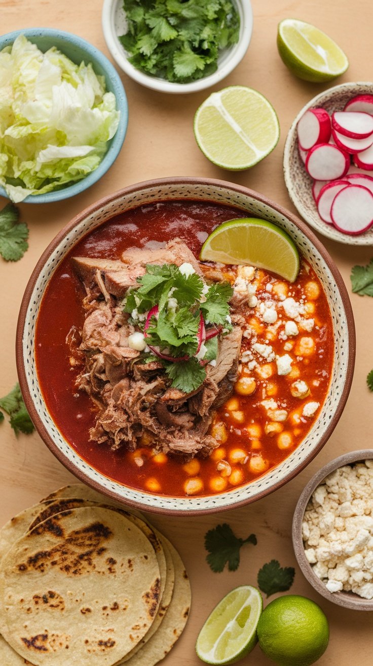 A bowl of pozole rojo with garnishes and sides, showcasing the rich red broth, meat, and toppings.