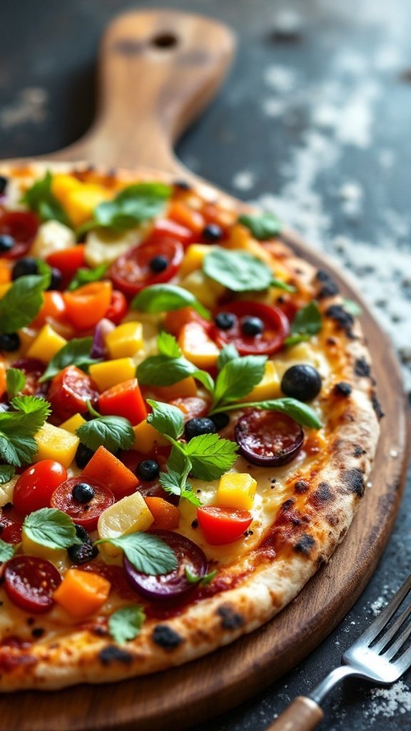 Vegetable-loaded pizza topped with fresh vegetables