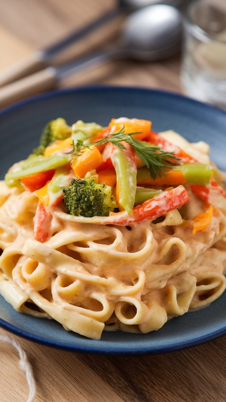 A plate of Vegetable Alfredo Fettuccine topped with colorful vegetables.