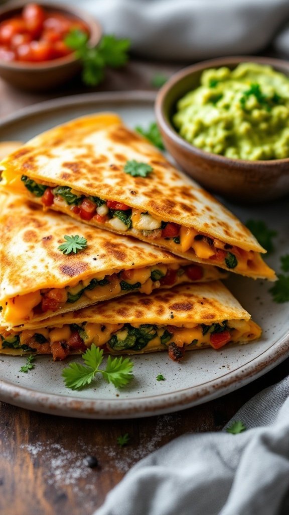 A plate of vegetable and cheese quesadillas, served with salsa and guacamole.